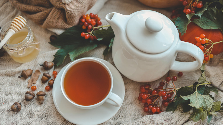 An autumn-inspired flatlay with a white tea much and a teacup brimming with tea, accented with cozy, seasonal touches.