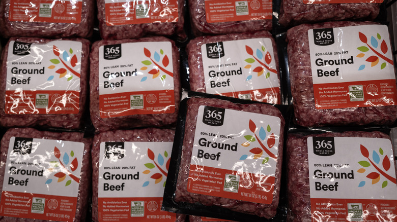 One pound packages of 365 brand ground beef lined up for sale