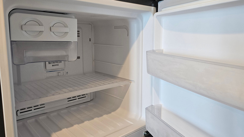 Open, empty freezer with two shelves