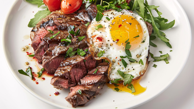 Steak and egg on plate