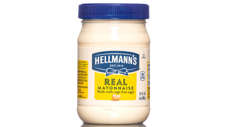Jar of Hellmann's mayonnaise on white background