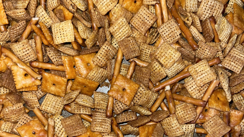 Close up of homemade Chex mix