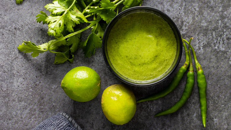 green chutney in a dark bowl on a grey background with fresh limes, chiles, and cilantro around it