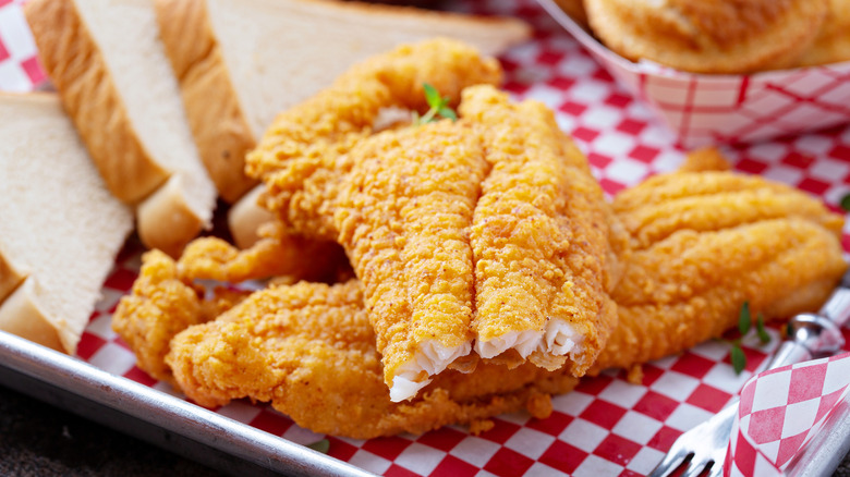 Breaded and fried catfish fillets