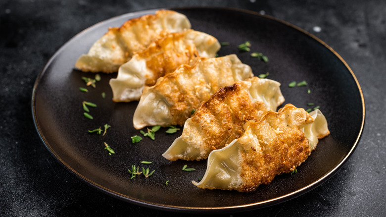 Japanese dumplings on a black plate