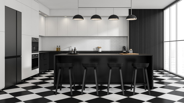 Kitchen with checkered floor.