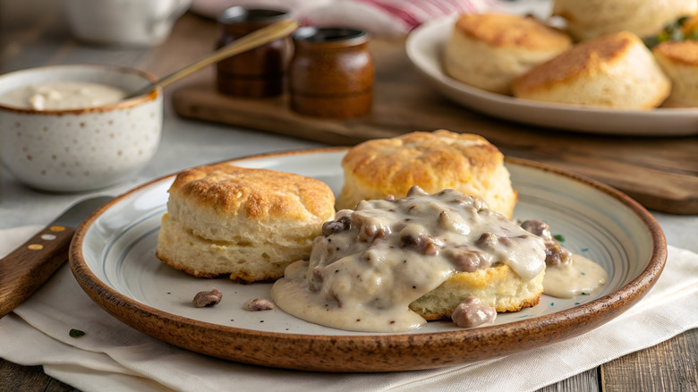 A plate of biscuits, one smothered in delicious sausage gravy, a bowl of sausage gravy and more biscuits in the background