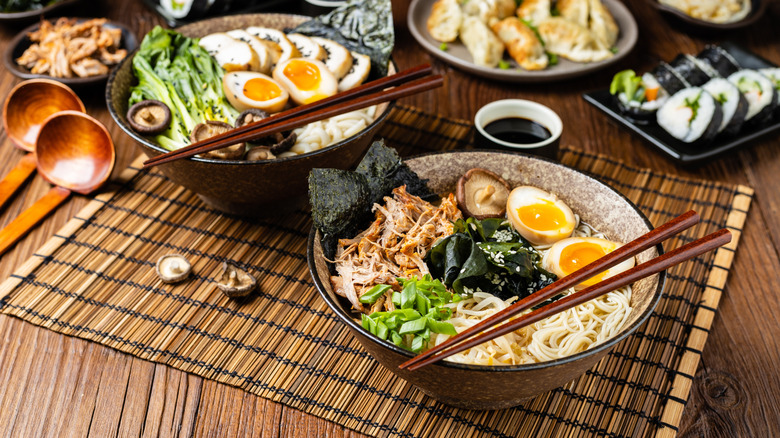 Traditional ramen dishes with soy sauce eggs