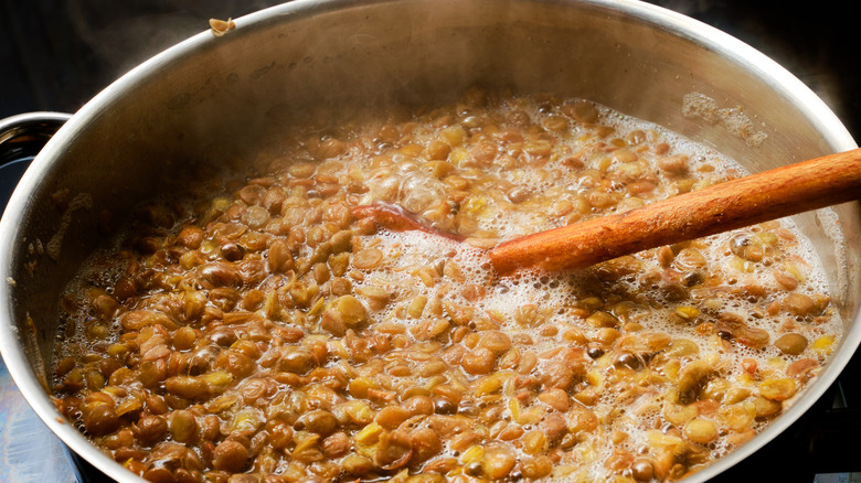 Lentils cooking in water