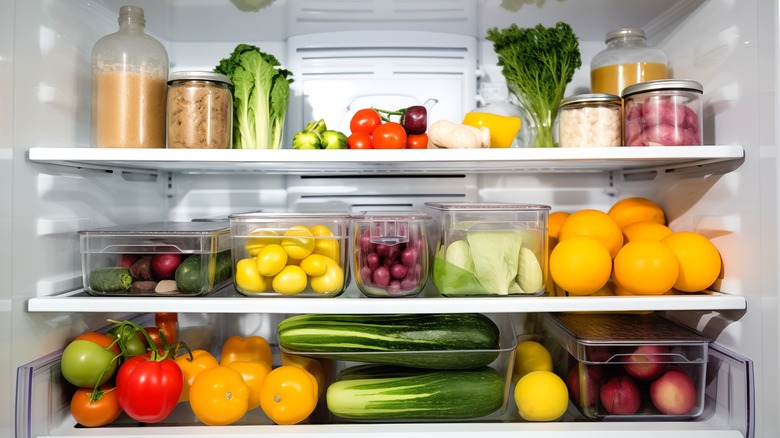 Fresh fruit and vegetables stored in refrigerator