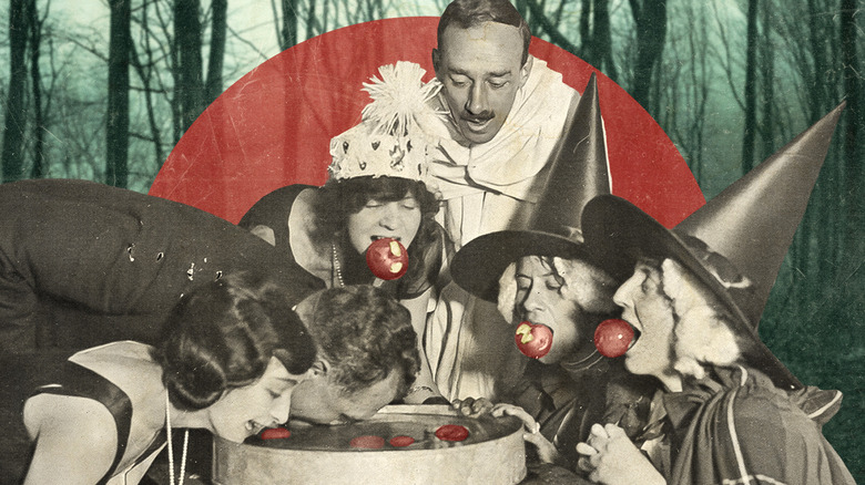 A photo illustration depectits old-fashioned people in vintage Halloween costumes bobbing for apples.
