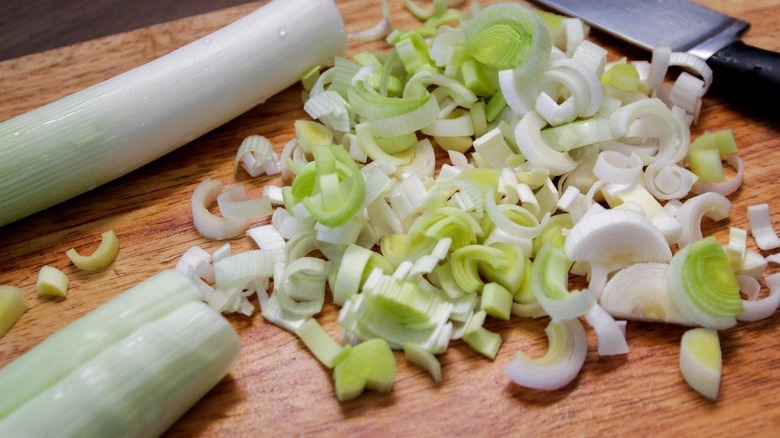 Chopped leeks on cutting board