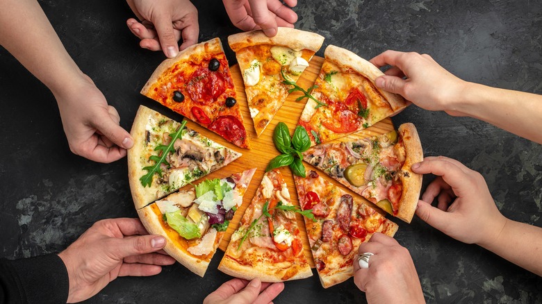 Pizza slices with various toppings