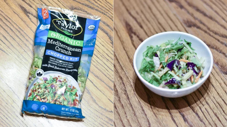 Bag of organic Mediterranean Crunch chopped salad kit next to a bowl of it prepared