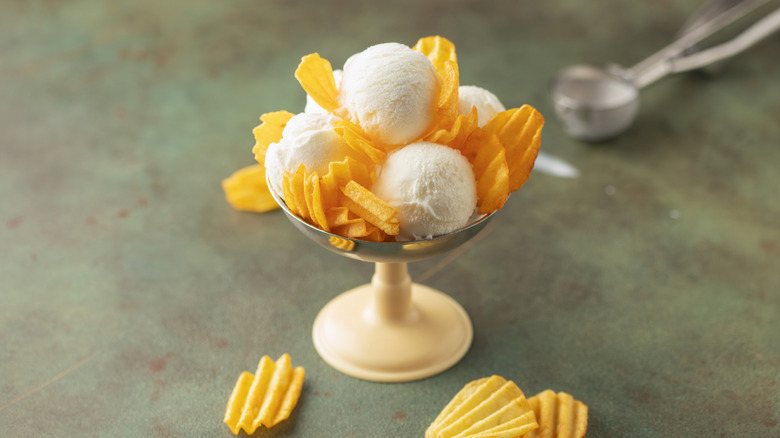 Vanilla ice cream balls topped with potato chips