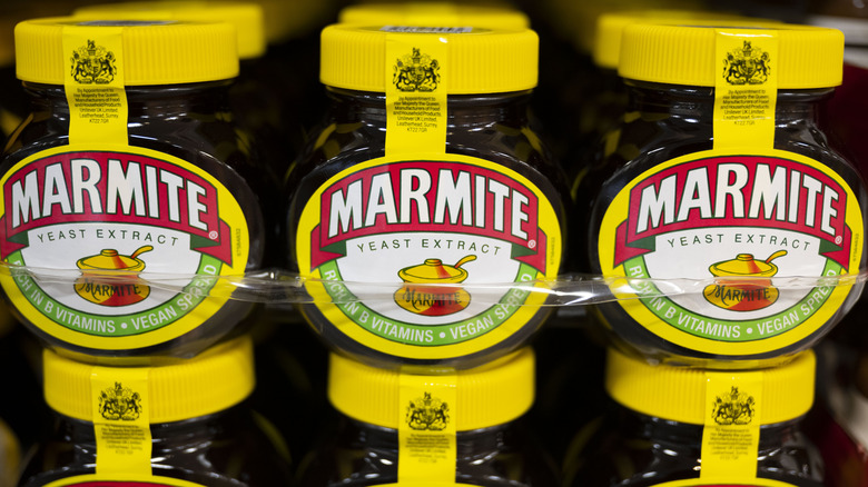 Marmite bottles stacked together.