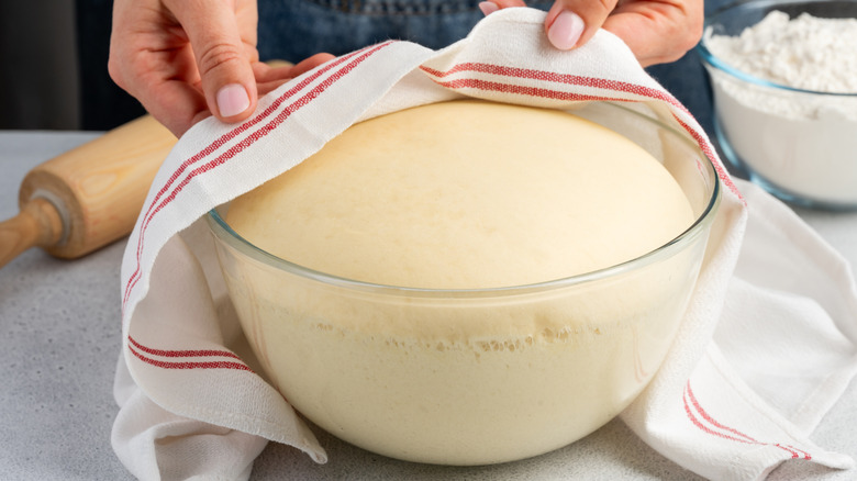 Bread dough in glass bowl
