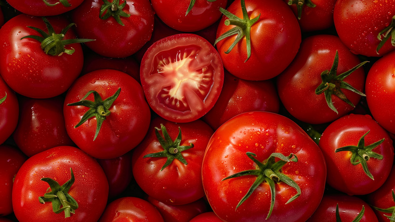 Bird's eye view of fresh, red, raw tomatoes