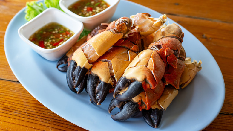 A plate of stone crab claws with dipping sauce.