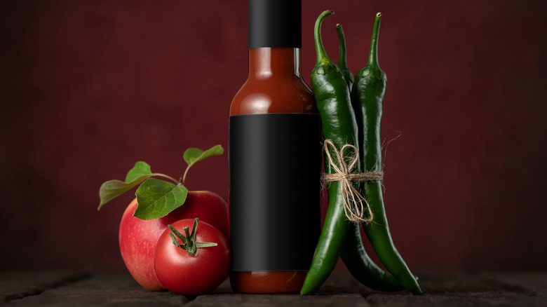 A bottle of red hot sauce sits next to an apple, tomato and peppers.