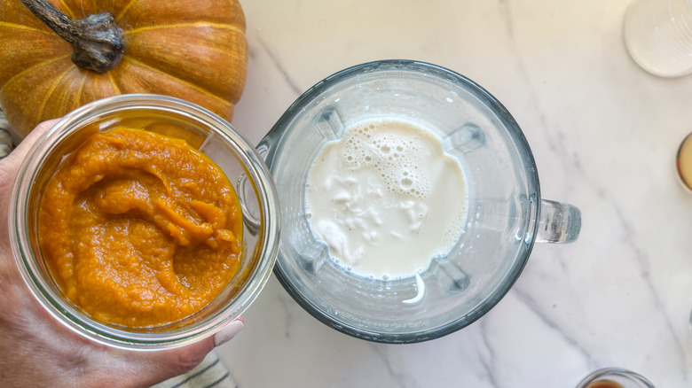hand adding pumpkin to blender