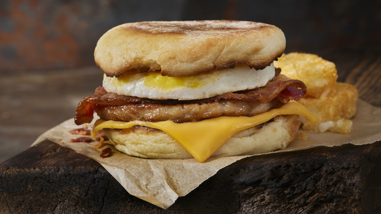 Bacon and sausage breakfast sandwich