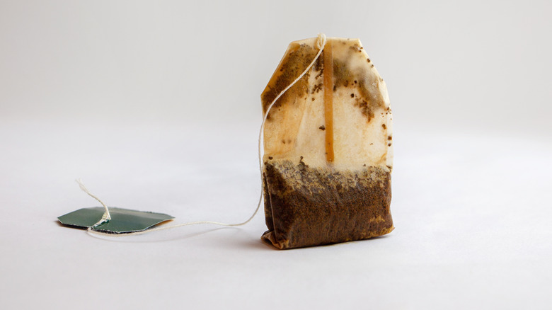 used black tea bag sitting on a gray surface