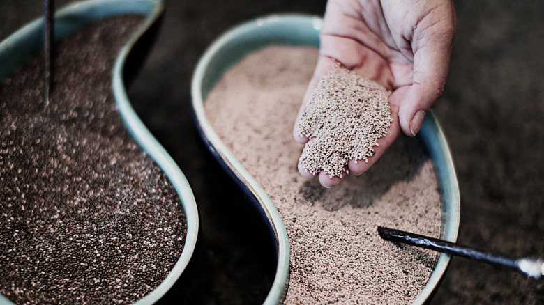 Hand scooping up chia seeds