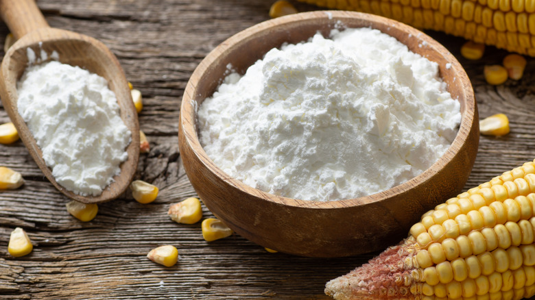 close-up of a bowl of and spoonful of cornstarch