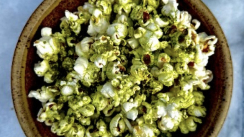 matcha salt popcorn in a bowl