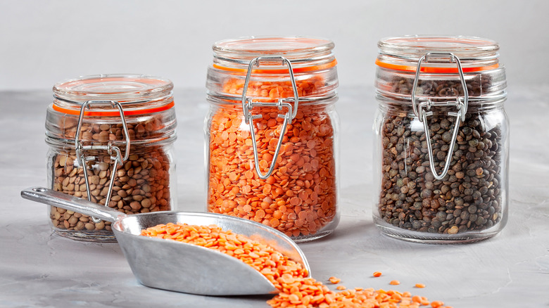 jars of red, brown, and green lentils