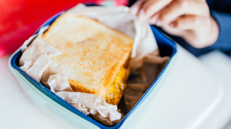 Sandwich in lunchbox wrapped in paper towel