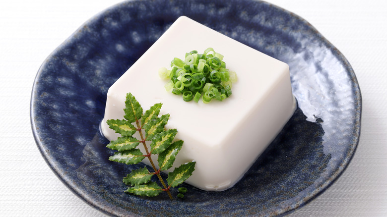 Block of silken tofu topped with green onions on a blue plate