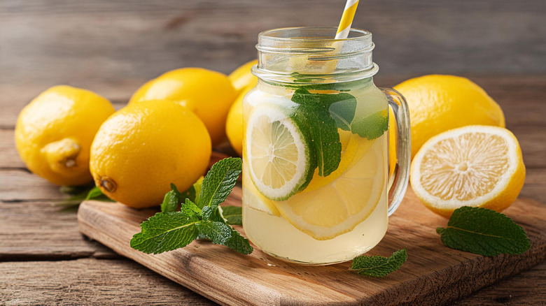 A glass of fresh lemonade on a wooden board