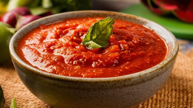 A bowl of salsa roja sits on a burlap place mat