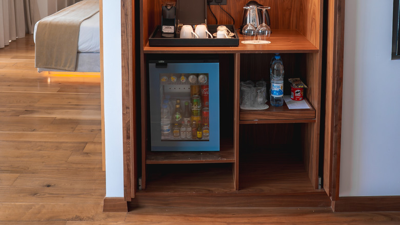 hotel room with a simple-chic minibar