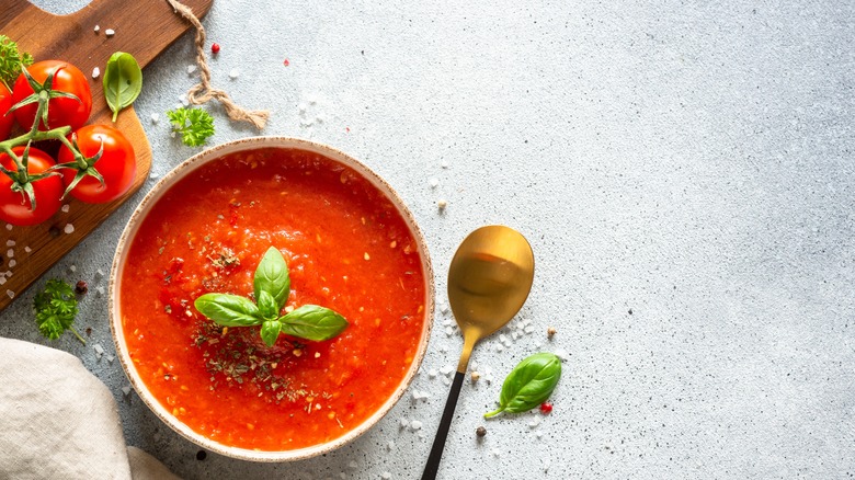 Vegetable tomato soup in a bowl with a spoon