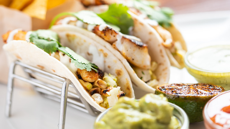 Fresh fish tacos with different salsas