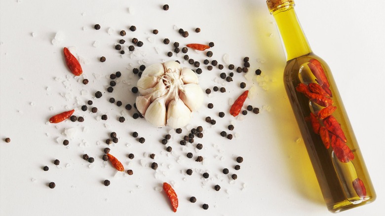 Chili oil bottle on table