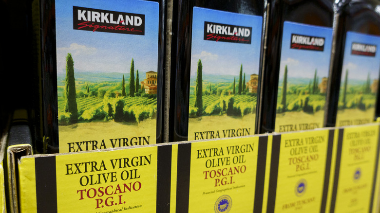 A display of Costco's Kirkland Signature brand olive oil.
