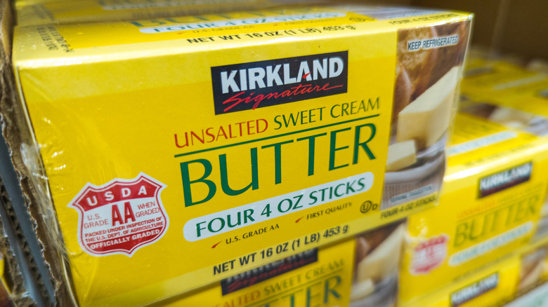 Package of Kirkland Signature brand unsalted sweet cream butter.