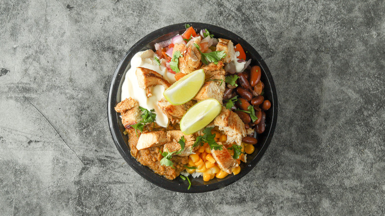 A top-down photo of a burrito bowl