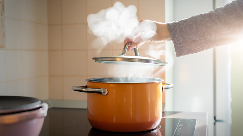 Person lifting a lid to a pot to let the steam out