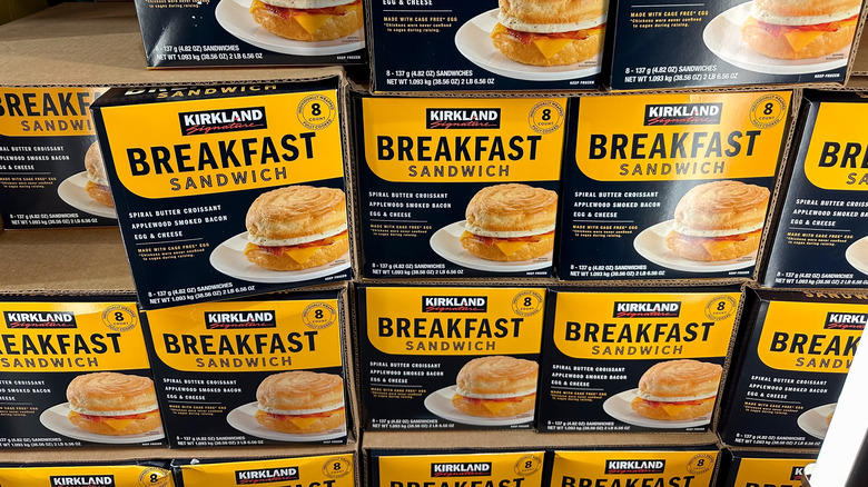 Boxes of Kirkland Signature breakfast sandwiches