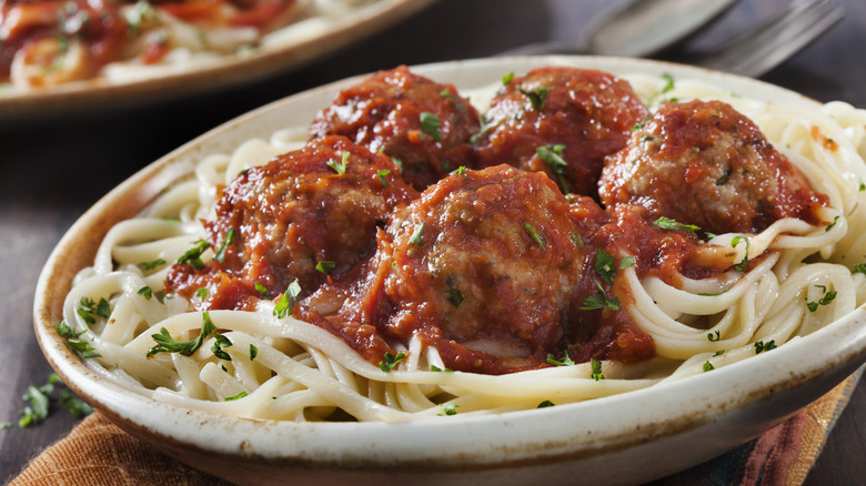 Plate of pasta with meatballs