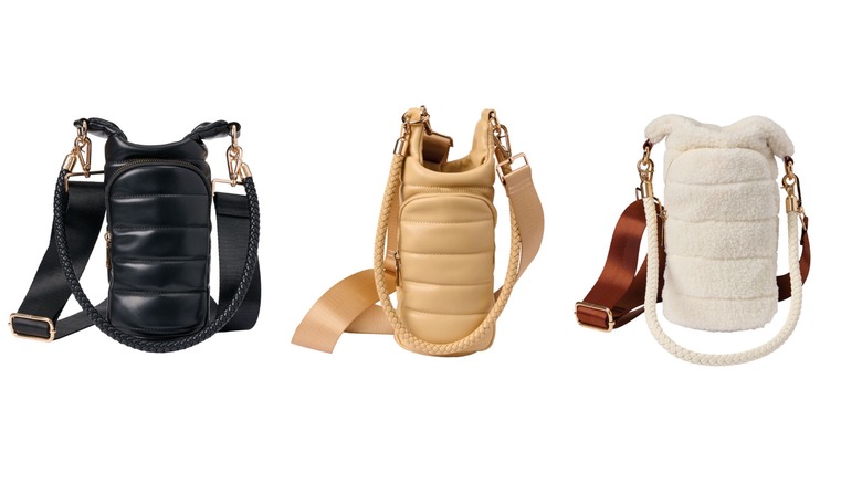 Three water bottle crossbody bags are lined up. There's black, beige, and white sherpa.