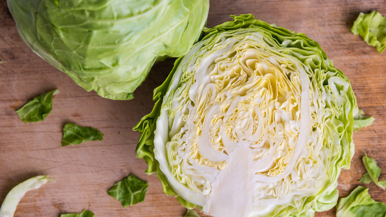Green cabbage sliced in half