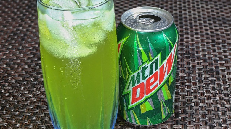 Mountain Dew can and glass