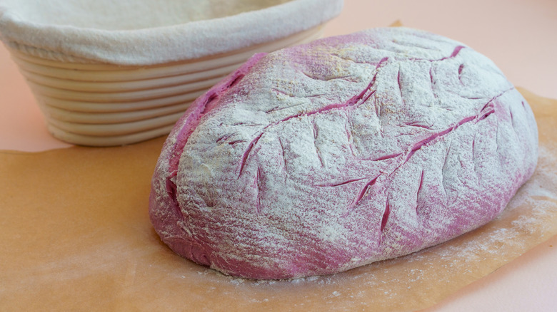 Homemade artisan purple sourdough bread made from purple sweet potato.