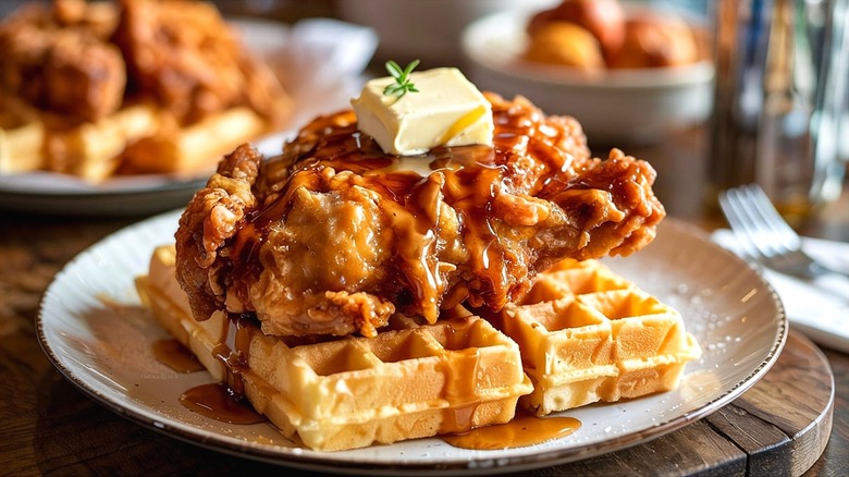 Fried chicken on a waffle covered in maple syrup and butter
